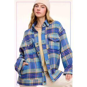 La Miel JKT1797 LOOSE FIT RAW EDGE BUTTON FRONT PLAID SHACKET